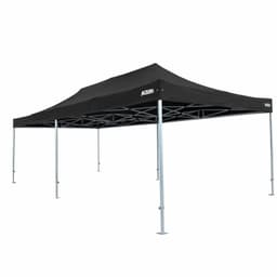 A black heavy-duty aluminium folding event marquee with a sturdy frame and a spacious canopy design.