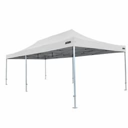 A heavy duty white aluminium folding event marquee with a sturdy frame and a logo on one side.
