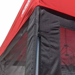 A red gazebo featuring solid black walls with a zipper detail, designed for exhibitions and events.