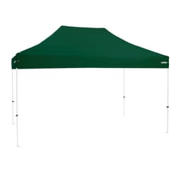 A green, premium steel gazebo with a peaked roof and white legs, featuring a logo on one side.