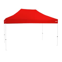 A red premium steel gazebo with a peaked roof and white legs, featuring a logo on the side.