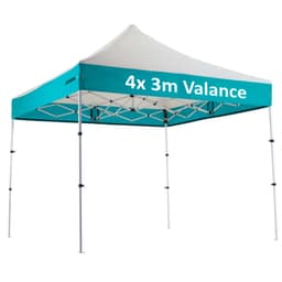 A teal and white 3x3m custom aluminium gazebo with a sloped roof and four valances. It has a logo on one side.