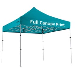 A teal aluminium gazebo with a full canopy print and white branding, set on adjustable legs in a square shape.