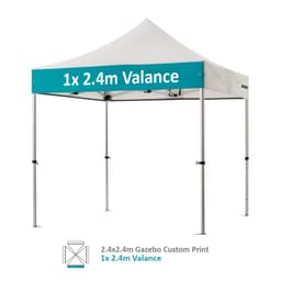 A white aluminium gazebo with a turquoise valance, measuring 2.4x2.4m, featuring a logo on the valance.