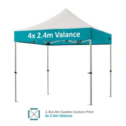 A 2.4x2.4m custom aluminium gazebo featuring a teal canopy and a white peak, with a printed valance and a logo.