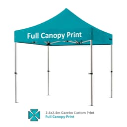 A turquoise custom gazebo with a peaked roof and a metal frame, featuring a logo on the canopy.