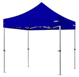 A blue lightweight aluminium gazebo with four legs and a peaked roof. It features a logo on one side.