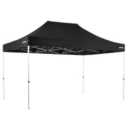 A black lightweight commercial aluminium gazebo with a peaked roof and silver legs. It features a logo on the side.