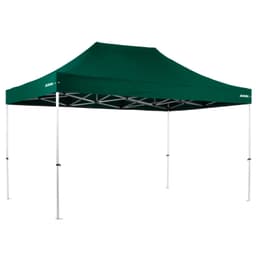 A green lightweight commercial aluminium gazebo with a peaked roof and silver frame, featuring a logo.
