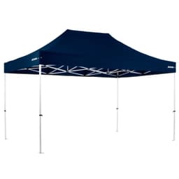 A navy blue commercial aluminium gazebo with a lightweight structure and white legs, featuring a logo on one side.