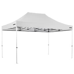 A white commercial aluminium gazebo with a triangular roof and adjustable legs, featuring a simple design.