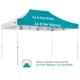 A 3x4.5m custom Pro Lite aluminium gazebo in white and teal, featuring a structured design and a valance.