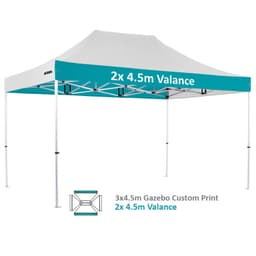 A white aluminium gazebo with a peaked roof, measuring 3x4.5m, featuring a printed valance and a logo.