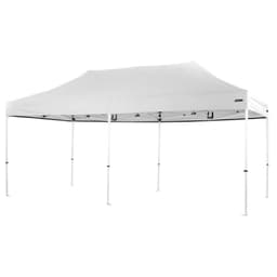 A white aluminium folding marquee with a peaked roof and adjustable legs. It features a logo on one side.