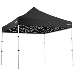 A black 3x3m lightweight aluminium gazebo with a peaked roof and a sturdy frame. Features a logo on one side.