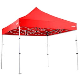 A red, compact, lightweight aluminium gazebo featuring a sturdy frame and a peaked roof design. It includes branding on the canopy.