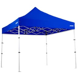 A lightweight aluminium gazebo with a blue canopy and white frame, featuring a logo on the top.