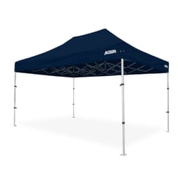 A lightweight aluminium gazebo in navy blue, featuring a sturdy frame and a branded top.