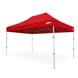 A lightweight, red aluminium gazebo with a compact design and a logo on it.