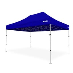 A blue lightweight aluminium gazebo with a sturdy frame and a branded canopy, set against a white background.