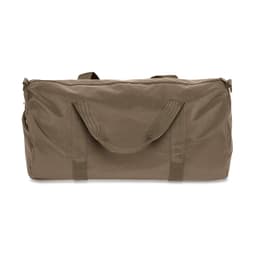 A khaki duffel bag with dual handles and a zip closure, featuring a simple design and a logo.