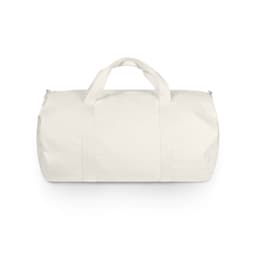 A cream canvas duffel bag with dual handles and a zip closure, featuring a logo on the side.