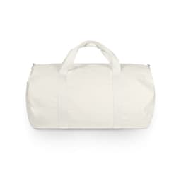 A white canvas duffel bag with two handles and a zip closure, featuring a logo on the side.