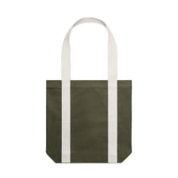 A two-tone tote bag featuring an olive green body and cream handles, with a logo on the side.