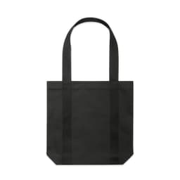 A black tote bag with long handles and a structured base, featuring a logo. Suitable for various uses.