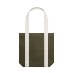 A two-tone tote bag in olive green and cream, featuring long handles and a simple design.