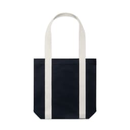 A navy tote bag with white stripes and handles, featuring a simple design and a branding logo.