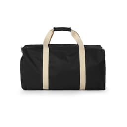 A black duffle bag with cream-coloured straps and a zip closure. It features a logo on one side.