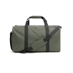 A green duffle bag with black straps and a detachable shoulder strap, featuring a logo.