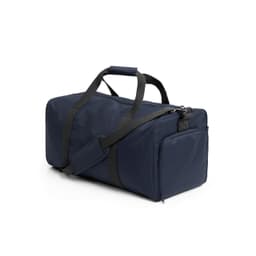 A dark navy duffle bag with sturdy straps and a side pocket, featuring a logo.
