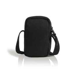 A black recycled camera bag with a zip closure and an adjustable shoulder strap. It includes a branding logo.