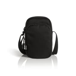 A black recycled camera bag with a zippered front pocket and an adjustable strap. It has a logo on the side.