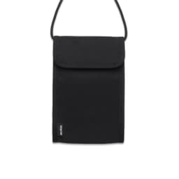 A black recycled phone bag with a flap closure and adjustable strap, featuring a logo.
