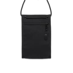 A black recycled phone bag with a zippered pocket and a strap for carrying. Features a branding logo.