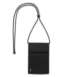 A black recycled phone bag with a drawstring neck strap and a flap closure. It features a logo.