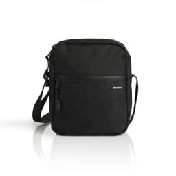 A black recycled transit bag with a front zippered pocket and an adjustable shoulder strap. It features a logo.