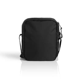 A black recycled transit bag with an adjustable shoulder strap and a simple design. It features a branding logo.