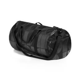 A black duffel bag with a geometric pattern, featuring two handles and a shoulder strap. It has a logo.