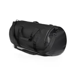 A black duffel bag with sturdy handles and an adjustable shoulder strap, featuring a logo.