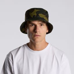 A camo bucket hat in green and black, featuring a wide brim and a fitted design. It includes a branding logo.