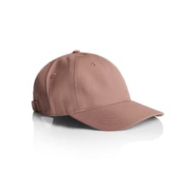 A beige cap with a curved brim and an adjustable strap, featuring a logo.