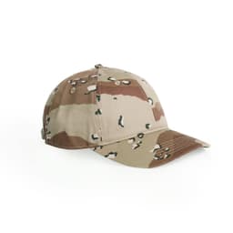 A camouflage cap in shades of brown and beige with stitching details and a branding logo on the side.