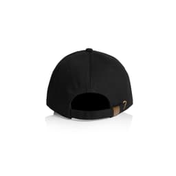 A black cap featuring a metal buckle and an adjustable strap at the back. It has a logo on the side.