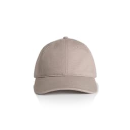 A beige cap with a curved brim and a back strap, featuring a logo on the front.