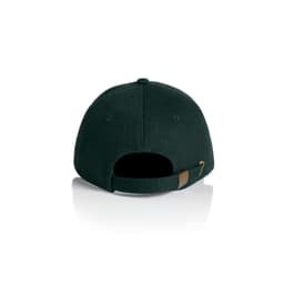 A dark green cap featuring a rear strap and a logo, designed for casual headwear.