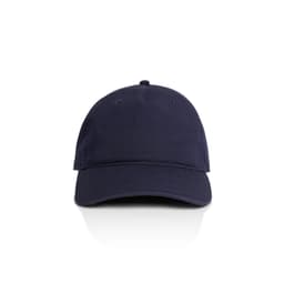 A navy blue five-panel cap with a structured design and a logo on the front.